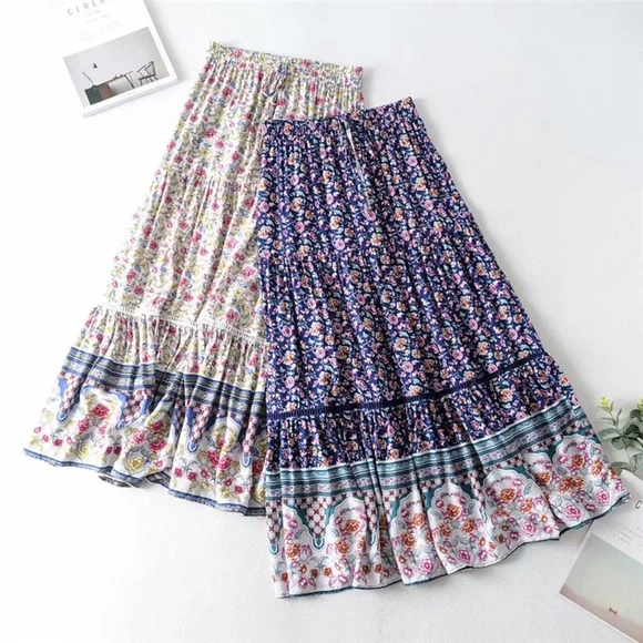 013 Boho Blue Floral Print Ruffle Maxi Skirt Gypsy - Picture 11 of 11